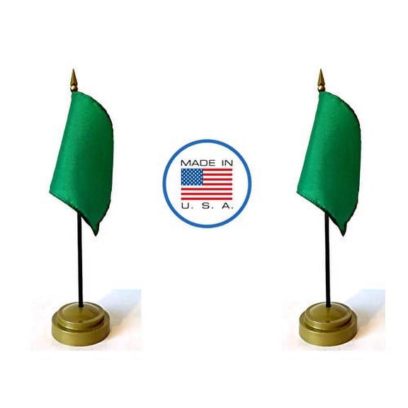 Made in The USA Flag Set. 2 Green Racing Rayon 4"x5" Miniature Office Desk & Little Hand Waving Table Flags Includes 2 Bronze Flag Stands & 2 Small Mini Green Racing Stick Flags