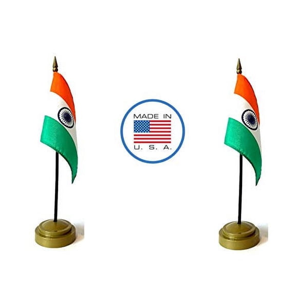 2 India Miniature Desk & Hand Waving Flags Set - Includes 2 Rayon 4"x6" Flags, 2 Bronze Stands, and 2 Mini Indian Stick Flags