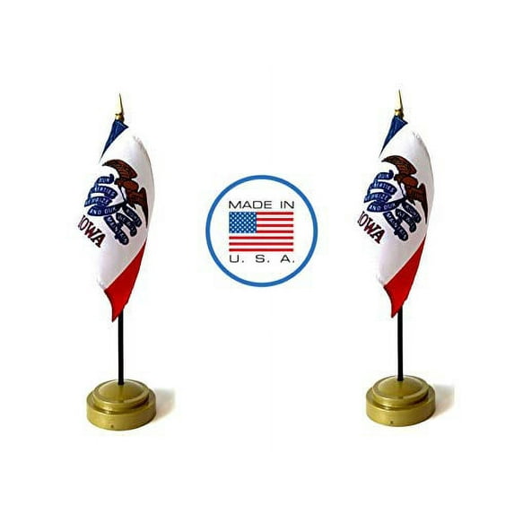 Made in The USA Flag Set. 2 Iowa Rayon 4"x6" Miniature Office Desk & Little Hand Waving Table Flags Includes 2 Bronze Flag Stands & 2 Small Mini Iowa Stick Flags