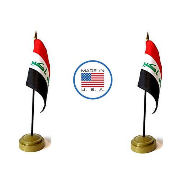 2 Iraq Miniature Desk & Hand Waving Flags Set - Includes 2 Rayon 4"x6" Flags, 2 Bronze Stands, and 2 Mini Iraqi Stick Flags