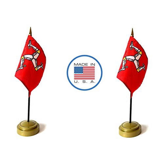 2 Isle of Man Miniature Desk & Hand Waving Flags Set - Includes 2 Rayon 4"x6" Flags, 2 Bronze Stands, and 2 Mini Isle of Man Stick Flags