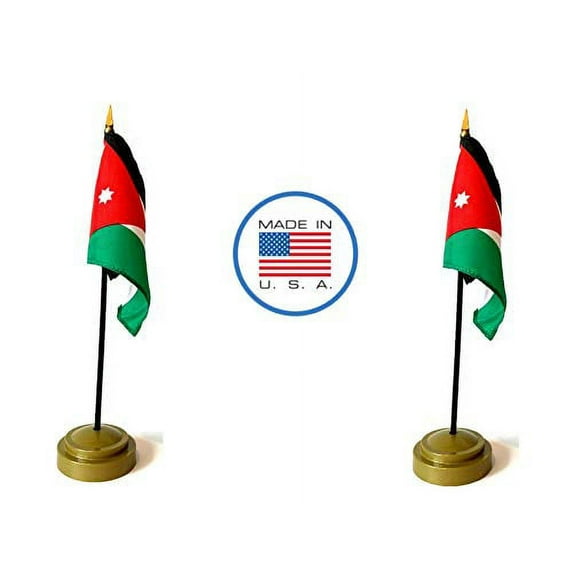2 Jordan Miniature Desk & Hand Waving Flags Set - Includes 2 Rayon 4"x6" Flags, 2 Bronze Stands, and 2 Mini Jordanian Stick Flags