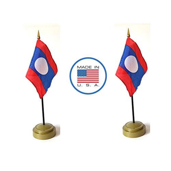 2 Laos Miniature Desk & Hand Waving Flags Set - Includes 2 Rayon 4"x6" Flags, 2 Bronze Stands, and 2 Mini Laotian Stick Flags