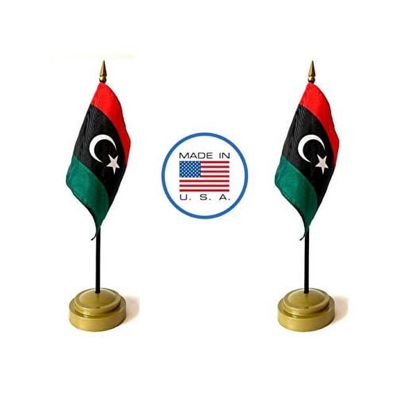 2 Libya Miniature Desk & Hand Waving Flags Set - Includes 2 Rayon 4"x6" Flags, 2 Bronze Stands, and 2 Mini Libyan Stick Flags