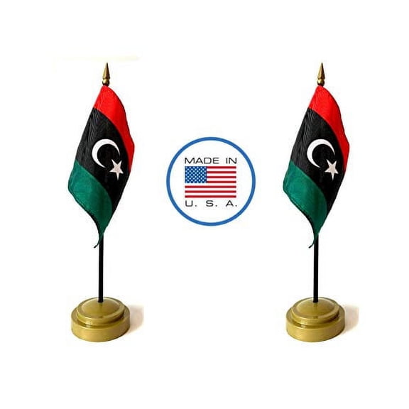 2 Libya Miniature Desk & Hand Waving Flags Set - Includes 2 Rayon 4"x6" Flags, 2 Bronze Stands, and 2 Mini Libyan Stick Flags