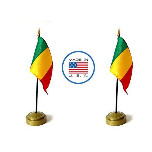 2 Mali Miniature Desk & Hand Waving Flags Set - Includes 2 Rayon 4"x6" Flags, 2 Bronze Stands, and 2 Mini Mali Stick Flags