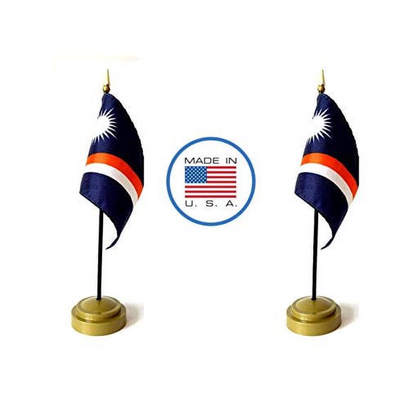 2 Marshal Islands Miniature Desk & Hand Waving Flags Set - Includes 2 Rayon 4"x6" Flags, 2 Bronze Stands, and 2 Mini Marshal Islands Stick Flags