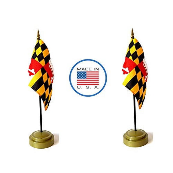 Made in The USA Flag Set. 2 Maryland Rayon 4"x6" Miniature Office Desk & Little Hand Waving Table Flags Includes 2 Bronze Flag Stands & 2 Small Mini Maryland Stick Flags