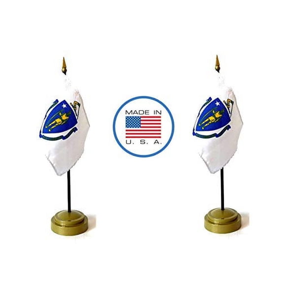 Made in The USA Flag Set. 2 Massachusetts Rayon 4"x6" Miniature Office Desk & Little Hand Waving Table Flags Includes 2 Bronze Flag Stands & 2 Small Mini Massachusetts Stick Flags