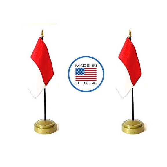 2 Monaco Miniature Desk & Hand Waving Flags Set - Includes 2 Rayon 4"x6" Flags, 2 Bronze Stands, and 2 Mini Monaco Stick Flags