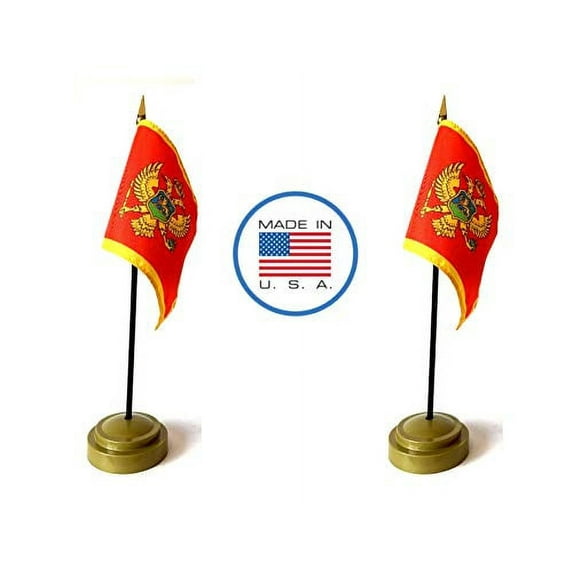 2 Montenegro Miniature Desk & Hand Waving Flags Set - Includes 2 Rayon 4"x6" Flags, 2 Bronze Stands, and 2 Mini Montenegro Stick Flags