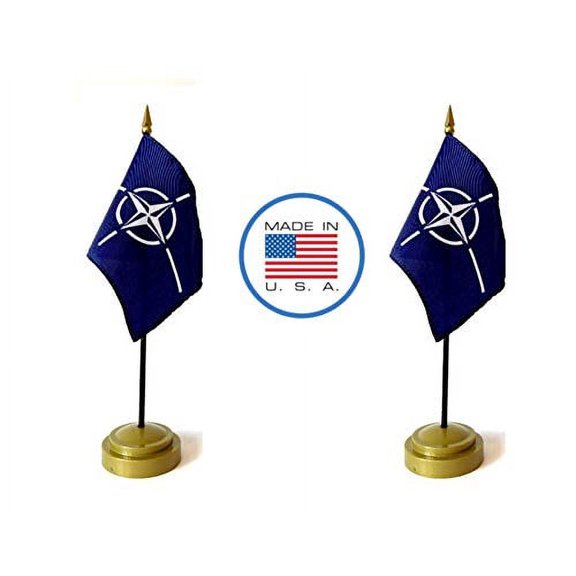 2 NATO Miniature Desk & Hand Waving Flags Set - Includes 2 Rayon 4"x6" Flags, 2 Bronze Stands, and 2 Mini NATO Stick Flags