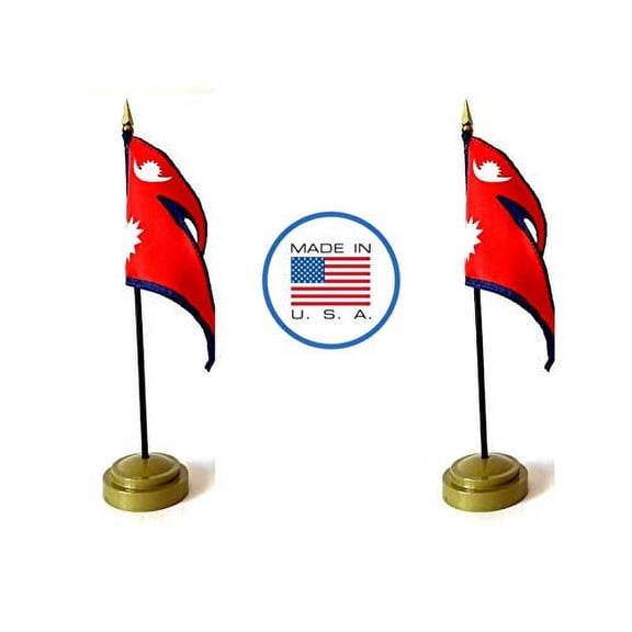 2 Nepal Miniature Desk & Hand Waving Flags Set - Includes 2 Rayon 4"x6" Flags, 2 Bronze Stands, and 2 Mini Nepalese Stick Flags