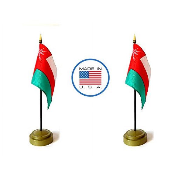 2 Oman Miniature Desk & Hand Waving Flags Set - Includes 2 Rayon 4"x6" Flags, 2 Bronze Stands, and 2 Mini Omani Stick Flags