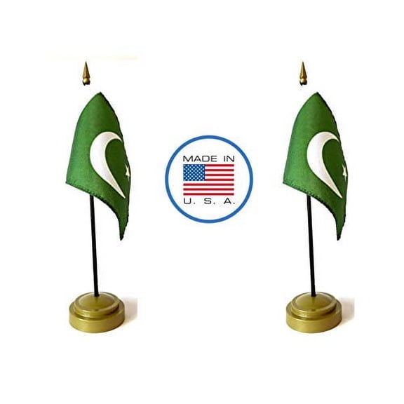 2 Pakistan Miniature Desk & Hand Waving Flags Set - Includes 2 Rayon 4"x6" Flags, 2 Bronze Stands, and 2 Mini Pakistani Stick Flags