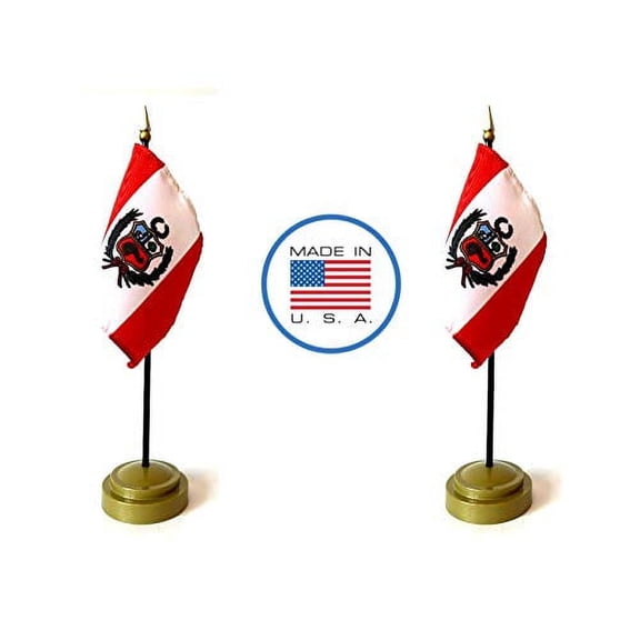 2 Peru Miniature Desk & Hand Waving Flags Set - Includes 2 Rayon 4"x6" Flags, 2 Bronze Stands, and 2 Mini Peruvian Stick Flags