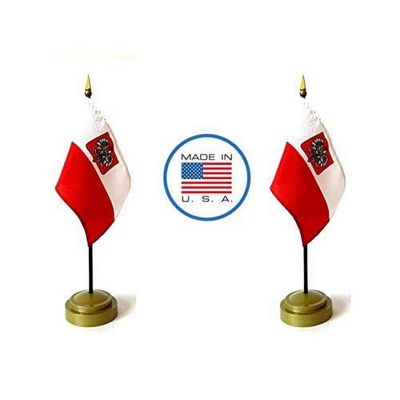2 Poland Eagle Miniature Desk & Hand Waving Flags Set - Includes 2 Rayon 4"x6" Flags, 2 Bronze Stands, and 2 Mini Polish with Eagle Stick Flags