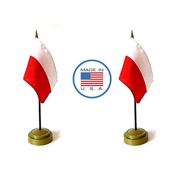 2 Poland Miniature Desk & Hand Waving Flags Set - Includes 2 Rayon 4"x6" Flags, 2 Bronze Stands, and 2 Mini Polish Stick Flags