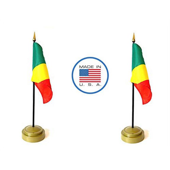2 Republic of The Congo Miniature Desk & Hand Waving Flags Set - Includes 2 Rayon 4"x6" Flags, 2 Bronze Stands, and 2 Mini Congolese Stick Flags