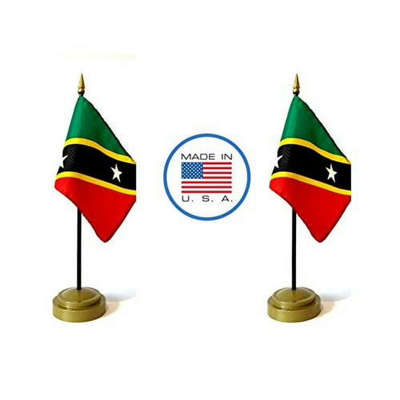 2 St Christopher and Nevis Miniature Desk & Hand Waving Flags Set - Includes 2 Rayon 4"x6" Flags, 2 Bronze Stands, and 2 Mini St Kitts Stick Flags