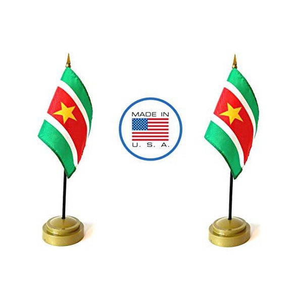 2 Suriname Miniature Desk & Hand Waving Flags Set - Includes 2 Rayon 4"x6" Flags, 2 Bronze Stands, and 2 Mini Suriname Stick Flags