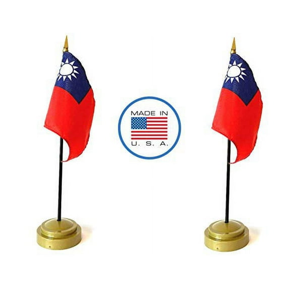 2 Taiwan Miniature Desk & Hand Waving Flags Set - Includes 2 Rayon 4"x6" Flags, 2 Bronze Stands, and 2 Mini Taiwanese Stick Flags
