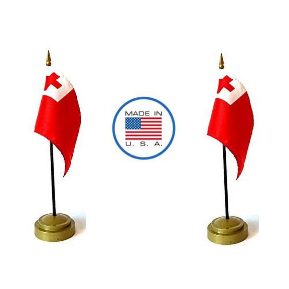 2 Tonga Miniature Desk & Hand Waving Flags Set - Includes 2 Rayon 4"x6" Flags, 2 Bronze Stands, and 2 Mini Tonga Stick Flags