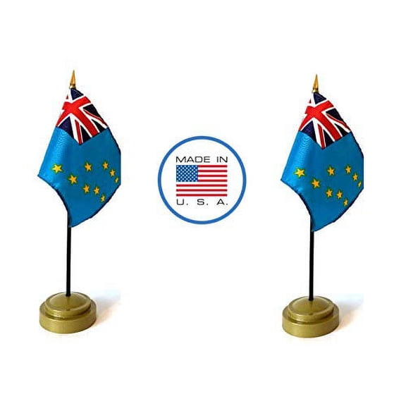 2 Tuvalu Miniature Desk & Hand Waving Flags Set - Includes 2 Rayon 4"x6" Flags, 2 Bronze Stands, and 2 Mini Tuvalu Stick Flags