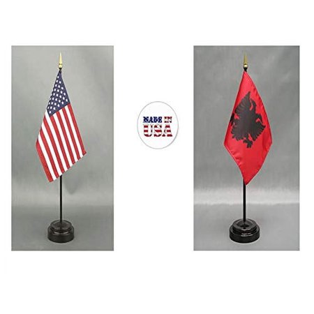 Made in The USA. 1 American and 1 Albania Rayon 4"x6" Miniature Office Desk & Little Hand Waving Table Flag, Includes 2 Flag Stands & 2 Small 4"x6" Mini Stick Flags