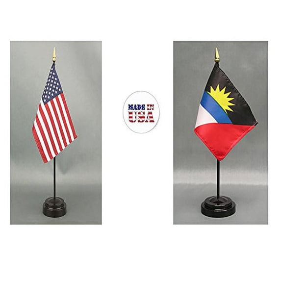 Made in The USA. 1 American and 1 Antigua & Barbuda Rayon 4"x6" Miniature Office Desk & Little Hand Waving Table Flag, Includes 2 Flag Stands & 2 Small 4"x6" Mini Stick Flags