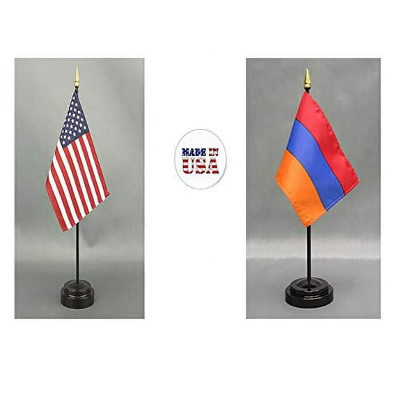 1 American and 1 Armenian Mini Desk Flags – Set of 2 with Stands, 4"x6" Rayon