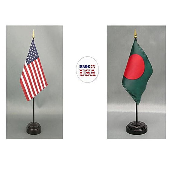 1 American and 1 Bangladesh Mini Desk Flags – Set of 2 with Stands, 4"x6" Rayon