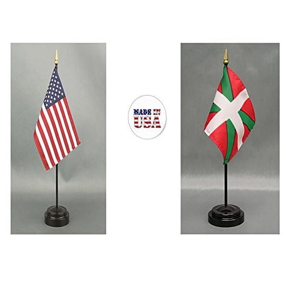 Made in The USA. 1 American and 1 Basque Lands Rayon 4"x6" Miniature Office Desk & Little Hand Waving Table Flag, Includes 2 Flag Stands & 2 Small 4"x6" Mini Stick Flags