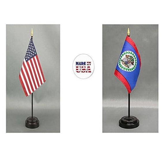 Made in The USA. 1 American and 1 Belize Rayon 4"x6" Miniature Office Desk & Little Hand Waving Table Flag, Includes 2 Flag Stands & 2 Small 4"x6" Mini Stick Flags