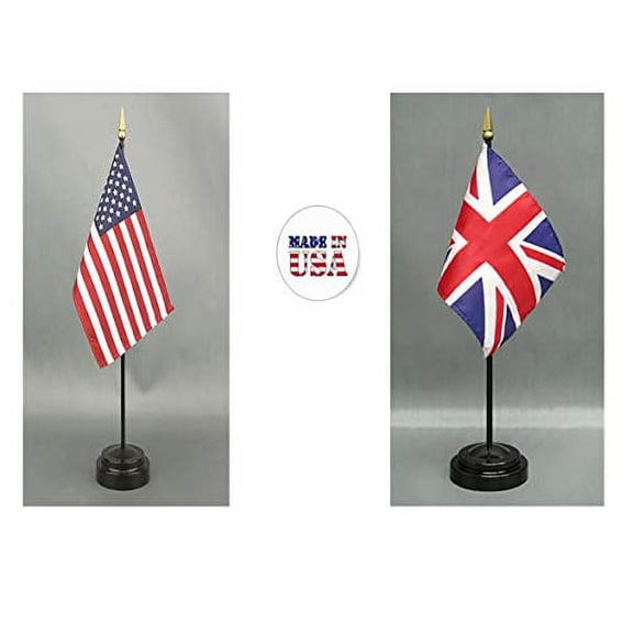 Made in The USA. 1 American and 1 British (Great Britain) Rayon 4"x6" Office Desk & Little Hand Waving Table Flag, Includes 2 Flag Stands & 2 Small 4"x6" Mini Stick Flags
