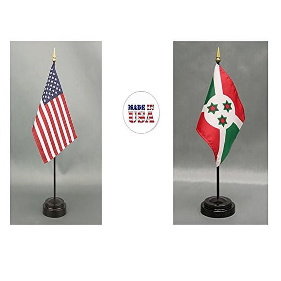 Made in The USA. 1 American and 1 Burundi Rayon 4"x6" Miniature Office Desk & Little Hand Waving Table Flag, Includes 2 Flag Stands & 2 Small 4"x6" Mini Stick Flags