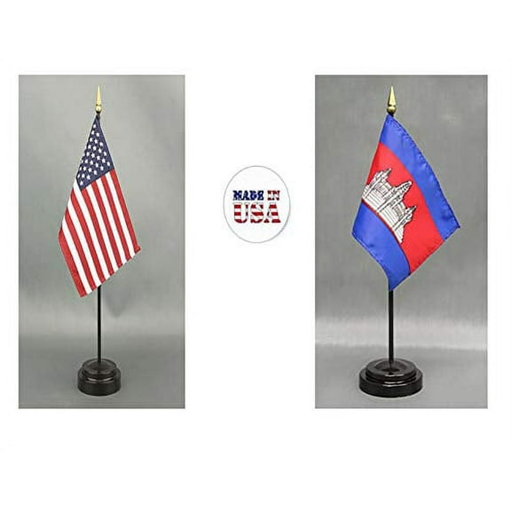 1 American and 1 Cambodian Mini Desk Flags – Set of 2 with Stands, 4"x6" Rayon