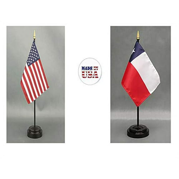 1 American and 1 Chilean Mini Desk Flags – Set of 2 with Stands, 4"x6" Rayon