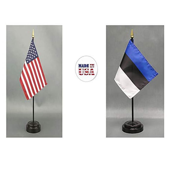 Made in The USA. 1 American and 1 Estonian Rayon 4"x6" Office Desk & Little Hand Waving Table Flag, Includes 2 Flag Stands & 2 Small 4"x6" Mini Stick Flags