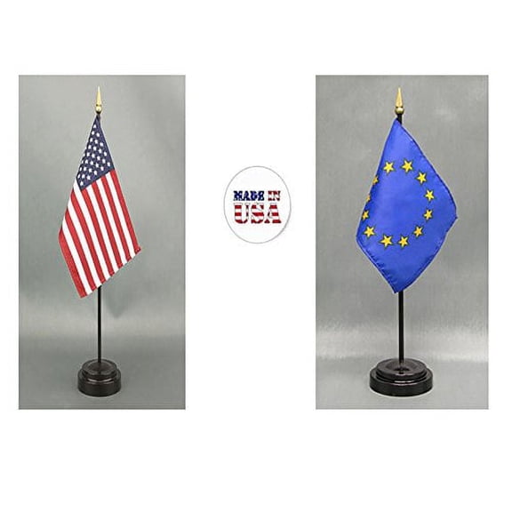 Made in The USA. 1 American and 1 European Union Rayon 4"x6" Miniature Office Desk & Little Hand Waving Table Flag, Includes 2 Flag Stands & 2 Small 4"x6" Mini Stick Flags