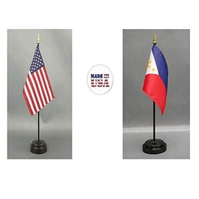 Made in The USA. 1 American and 1 Filipino Rayon 4"x6" Office Desk & Little Hand Waving Table Flag, Includes 2 Flag Stands & 2 Small 4"x6" Mini Stick Flags