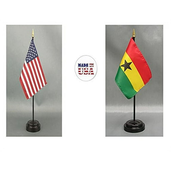 1 American and 1 Ghana Mini Desk Flags – Set of 2 with Stands, 4"x6" Rayon