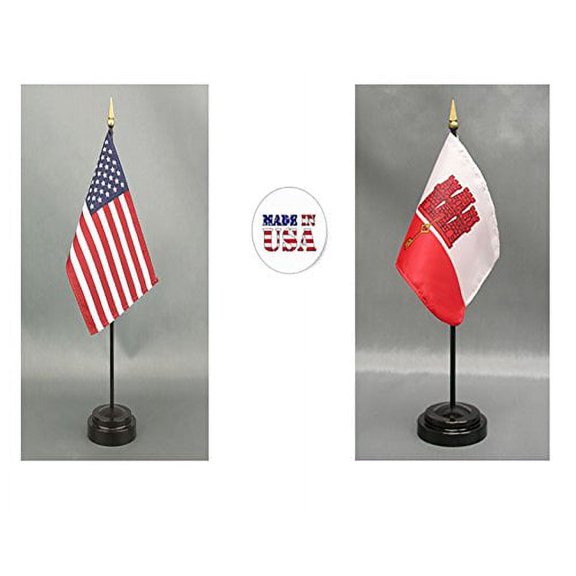 Made in The USA. 1 American and 1 Gibraltar Rayon 4"x6" Miniature Office Desk & Little Hand Waving Table Flag, Includes 2 Flag Stands & 2 Small 4"x6" Mini Stick Flags