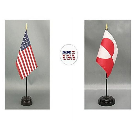 Made in The USA. 1 American and 1 Greenland Rayon 4"x6" Miniature Office Desk & Little Hand Waving Table Flag, Includes 2 Flag Stands & 2 Small 4"x6" Mini Stick Flags