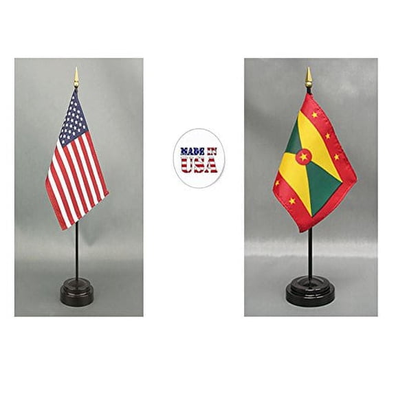 Made in The USA. 1 American and 1 Grenada Rayon 4"x6" Miniature Office Desk & Little Hand Waving Table Flag, Includes 2 Flag Stands & 2 Small 4"x6" Mini Stick Flags