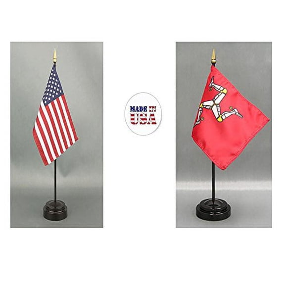 Made in The USA. 1 American and 1 Isle of Man Rayon 4"x6" Miniature Office Desk & Little Hand Waving Table Flag, Includes 2 Flag Stands & 2 Small 4"x6" Mini Stick Flags