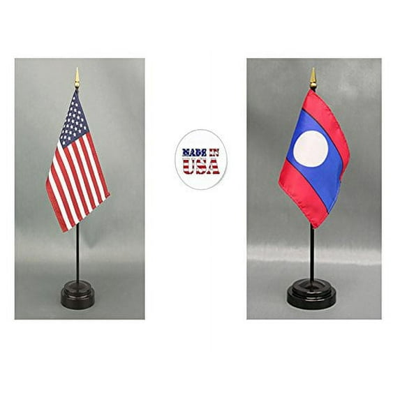 Made in The USA. 1 American and 1 Laos Rayon 4"x6" Miniature Office Desk & Little Hand Waving Table Flag, Includes 2 Flag Stands & 2 Small 4"x6" Mini Stick Flags