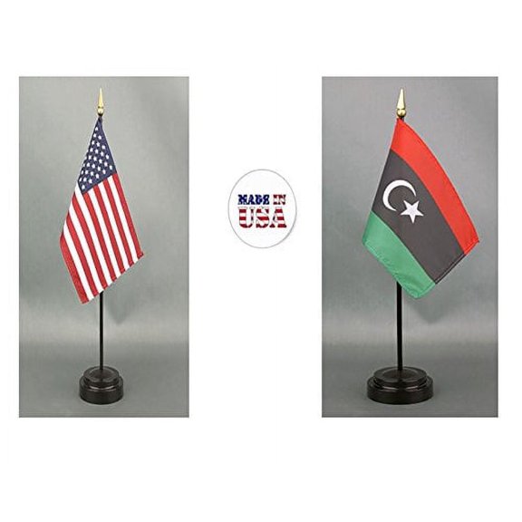 Made in The USA. 1 American and 1 Libya Rayon 4"x6" Miniature Office Desk & Little Hand Waving Table Flag, Includes 2 Flag Stands & 2 Small 4"x6" Mini Stick Flags