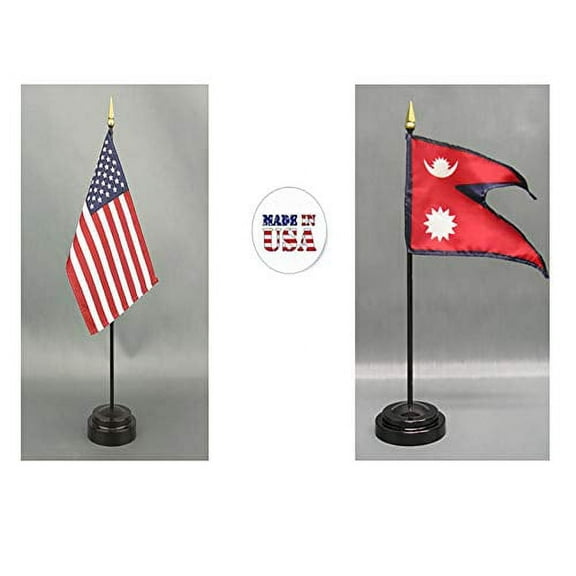 Made in The USA. 1 American and 1 Nepalese Rayon 4"x6" Office Desk & Little Hand Waving Table Flag, Includes 2 Flag Stands & 2 Small 4"x6" Mini Stick Flags