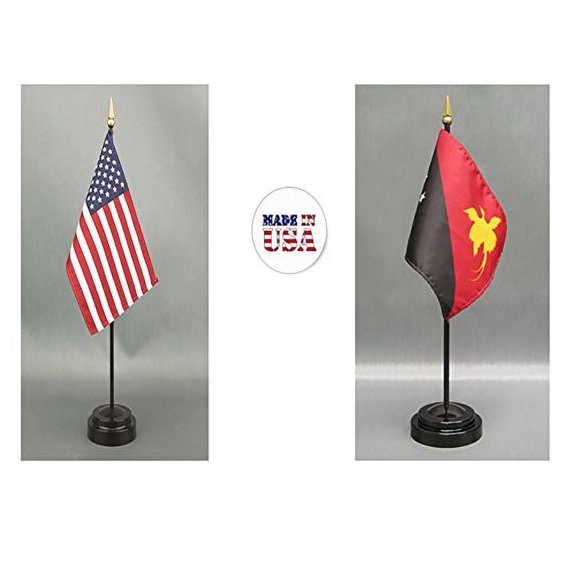 1 American and 1 Papua New Guinea Mini Desk Flags – Set of 2 with Stands, 4"x6" Rayon